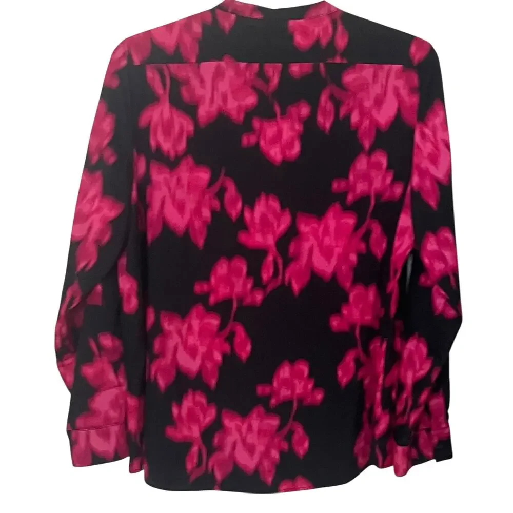 CALVIN KLEIN LONG SLV BUTTON UP V-NECK BLOUSE, WOMENS, XL-HOT PINK & BLACK ABSTR - Picture 4 of 12